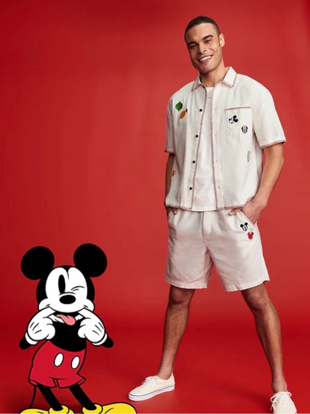 Old Navy x Disney White Embroidered Short Sleeve Shirt and Shorts - linen/cotton